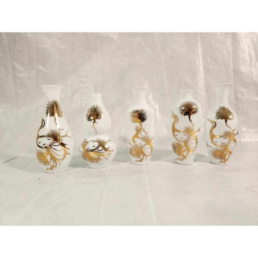 Vintage Jingdezhen Chinese Miniature Porcelain Bud Vase Set 5pc Gold Crane Box